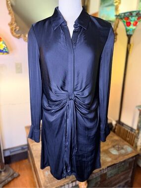 Navy Satin Long-Sleeve Twist-Front Shirt Dress
